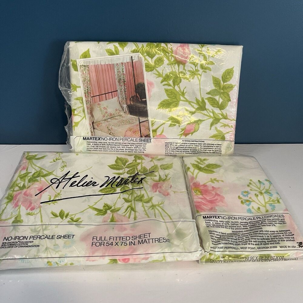 VTG Atelier Martex Full Size Sheet Set (4 pc) Percale “The Rose” Pink & Green